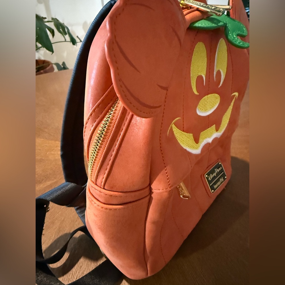Loungefly Pumpkin Mickey Mini Backpack in Orange with Green Leaf - Picture 3 of 9
